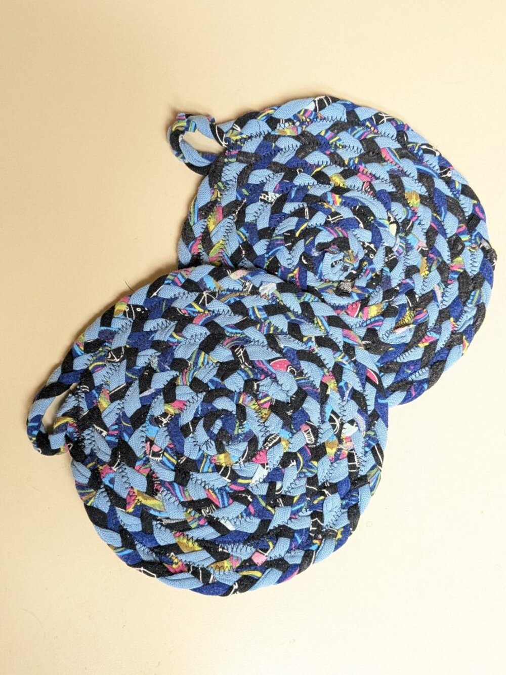 Set of Two Handmade Pot Holders Rag Rug Style